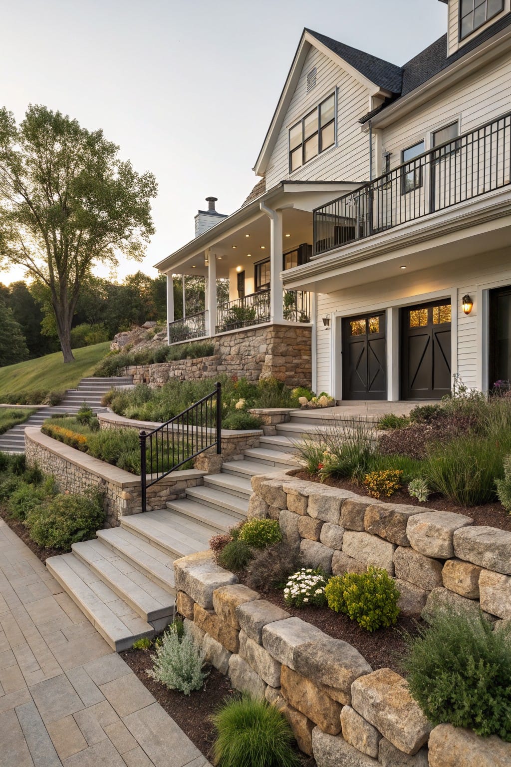 White clapboard house on a hillside with dry-stacked stone retaining walls forming terraced gardens, steps with black railings, planted beds, and a paver pathway to the garage doors.