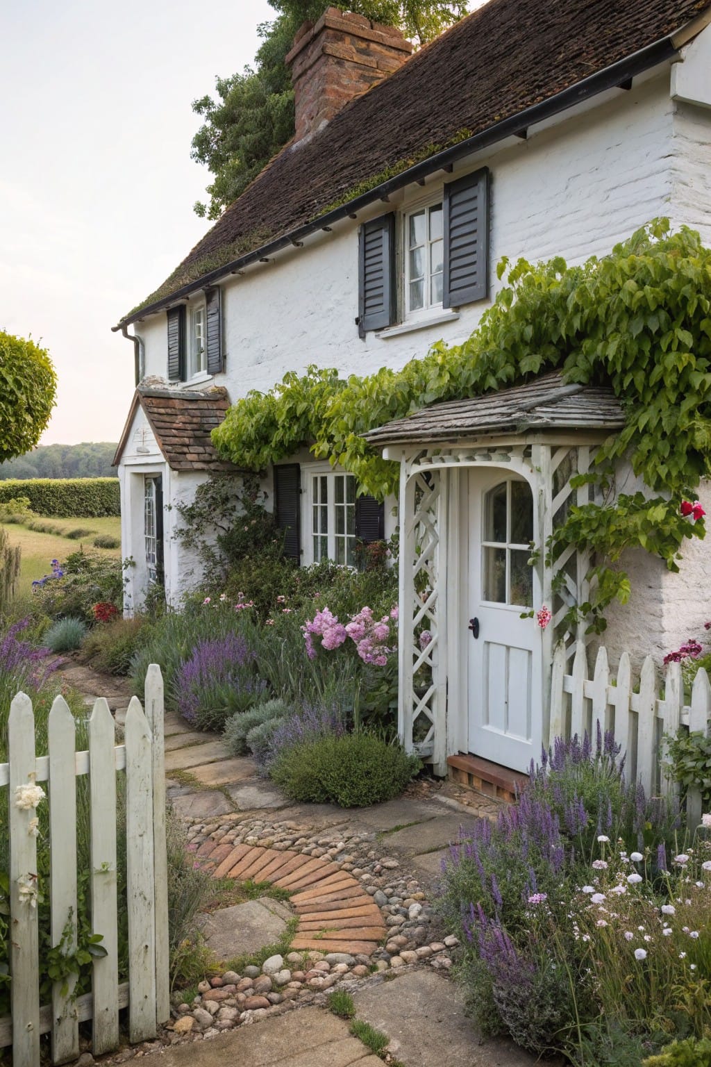 White picket fence bordering a curved brick and pebble pathway leading to the porch of a white cottage surrounded by garden plants and flowers.
