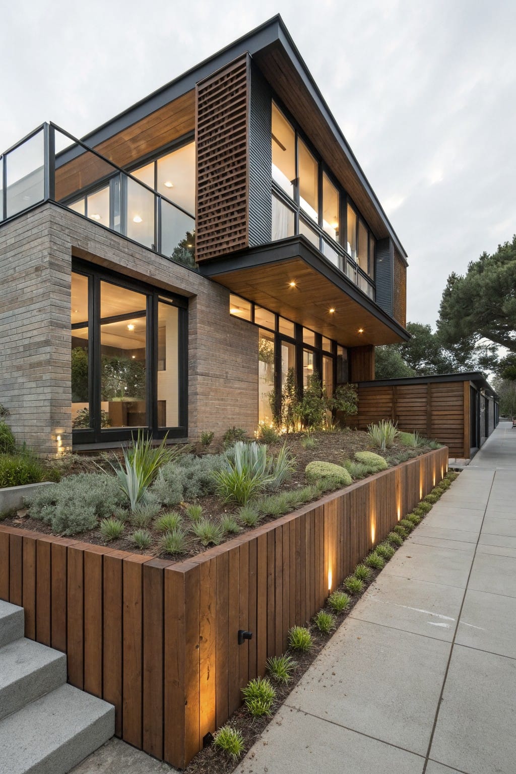 Modern two-story house exterior with brick and wood cladding, large windows, and raised wooden garden beds along the sidewalk planted with succulents, agave, and grasses, featuring integrated LED lighting strips.