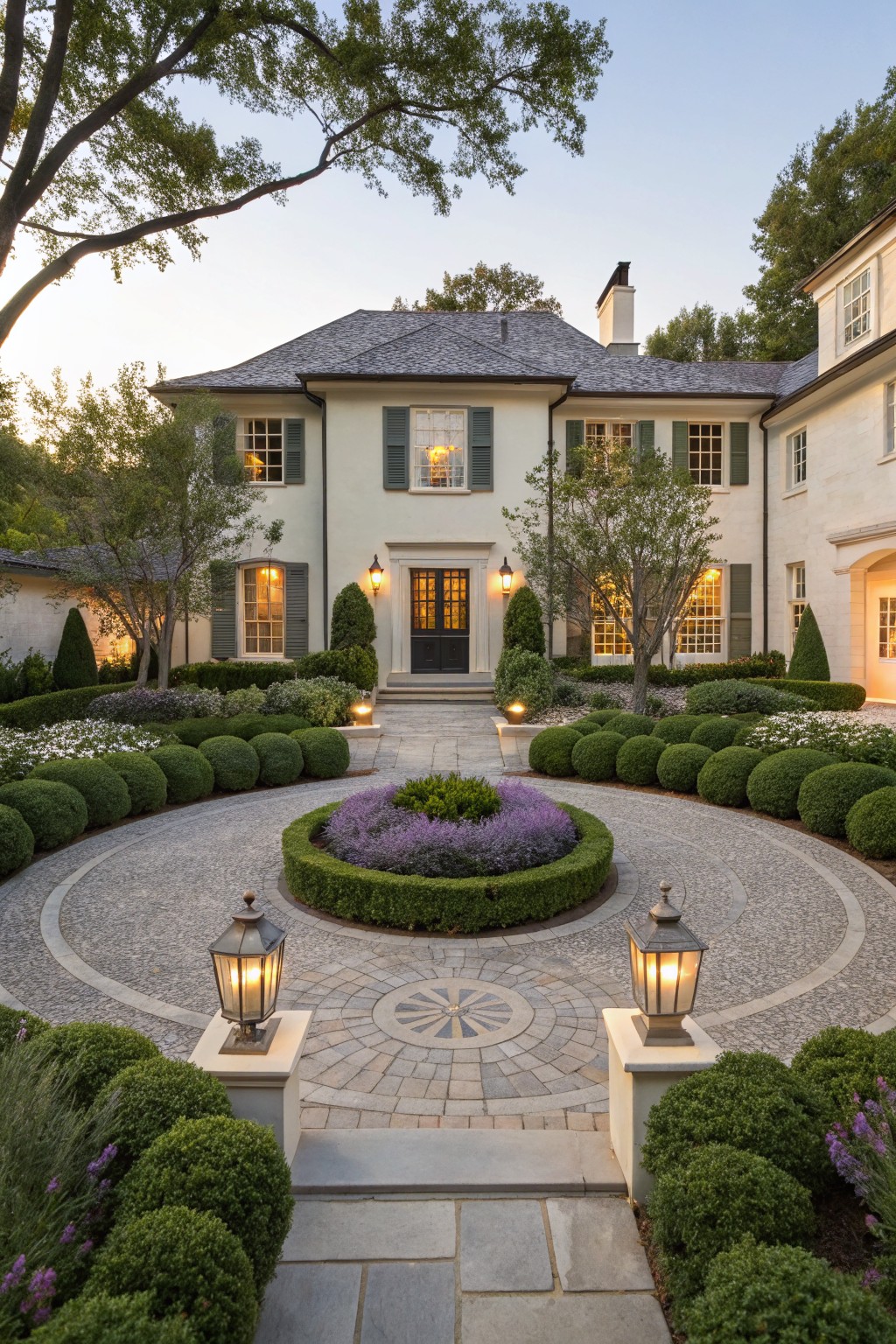 Cream-colored house facade with green shutters overlooking a circular gravel driveway edged by spherical boxwood shrubs and a central ring of purple flowers, flanked by stone lanterns and steps to the dark wood front door.