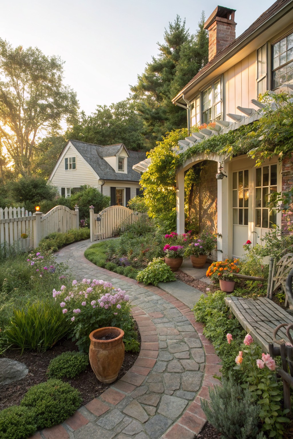 A curving brick and stone pathway winds through a front yard garden with pink flowers, lavender, shrubs, potted plants, and a wooden bench near the house porch.