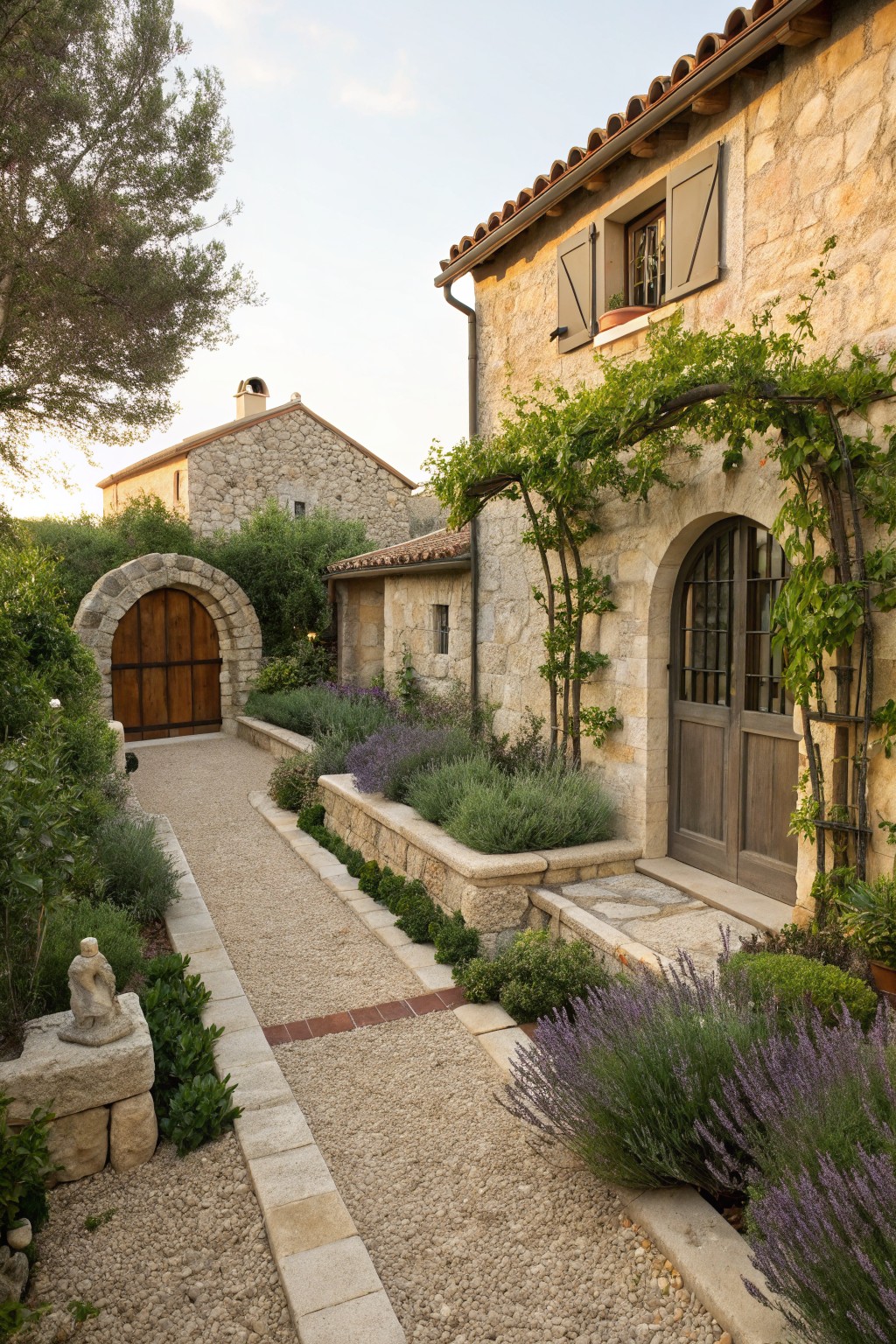 Gravel pathway edged with stone planters filled with lavender plants leads between shrubs to an arched wooden door on a stone house with climbing vines and trees nearby.