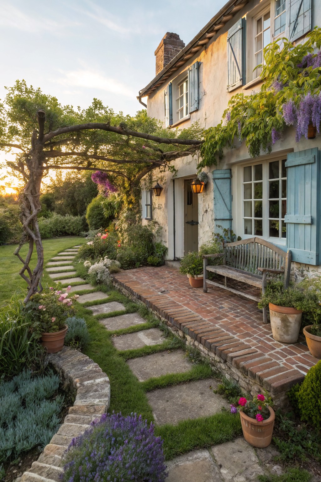 A curved flagstone pathway lined with lavender bushes, terracotta pots of flowers, and low stone walls leads through a grassy garden to the brick porch and wooden bench of a stucco house with blue shutters and climbing vines.