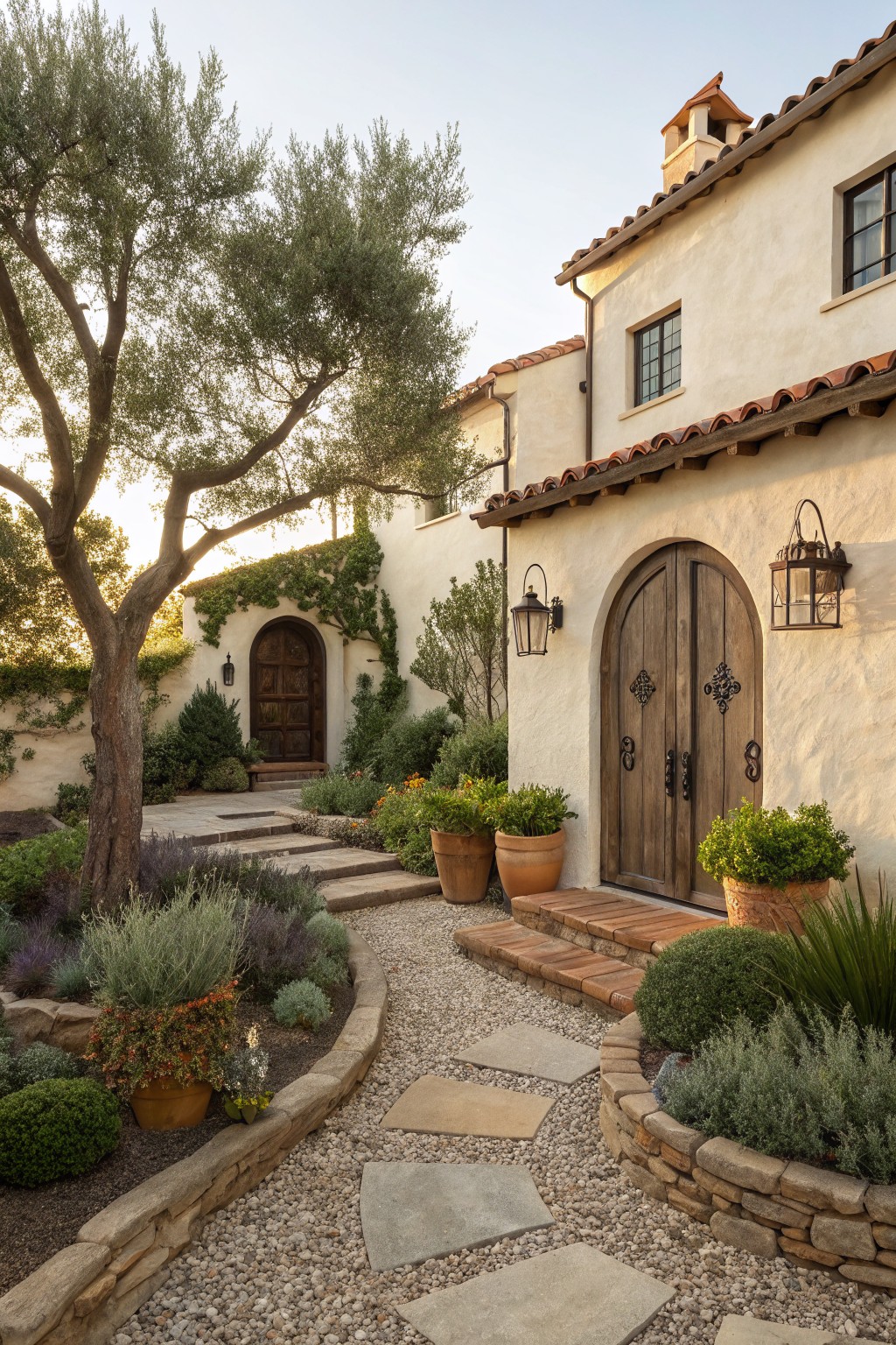 Stucco house exterior with double arched wooden doors and iron lanterns approached by a curving flagstone path through gravel bordered by raised stone beds of lavender, succulents, olive trees, and terracotta pots.