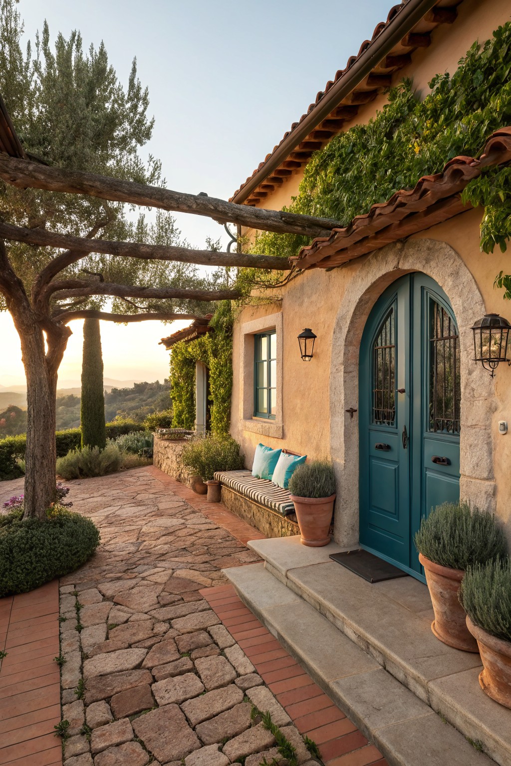 Rustic stone paver pathway leading to a turquoise arched wooden front door on a beige stucco house with terracotta roof, flanked by potted lavender plants, a wooden bench, olive tree under pergola, and distant hills at sunset.