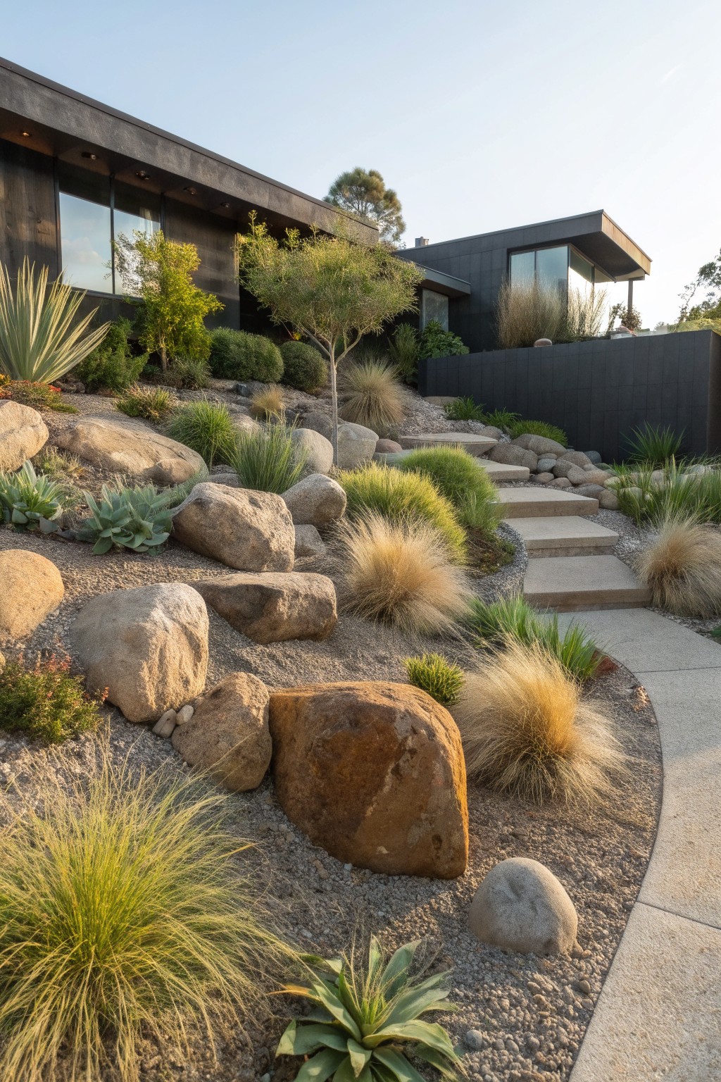 A modern black house on a hillside with large boulders, drought-tolerant grasses, succulents, and concrete steps winding through the rocky garden in late afternoon sun.