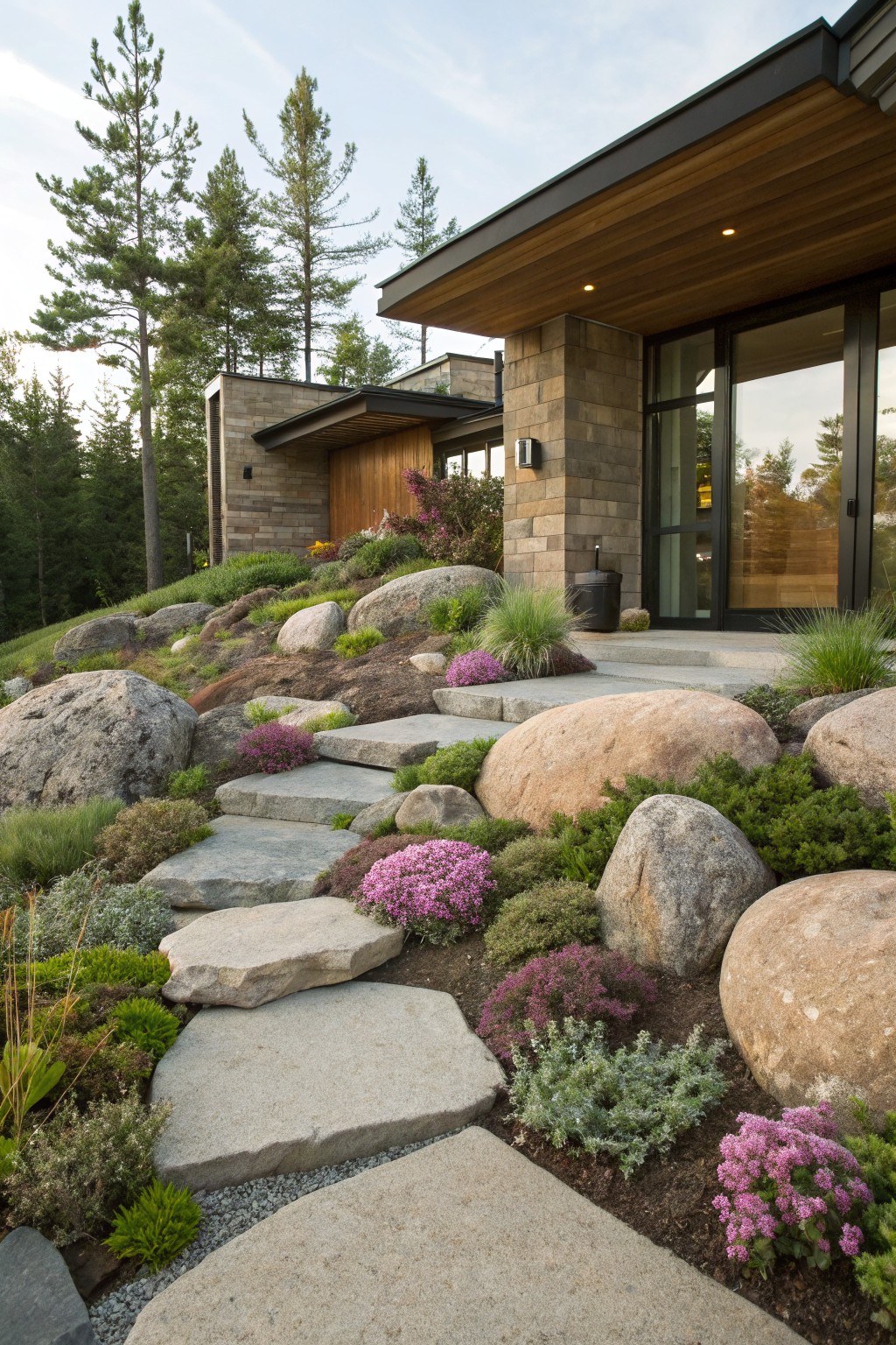 Contemporary house with stone and wood exterior on a hillside, showing a flagstone pathway winding through large boulders edged with low pink-flowering plants and evergreens.