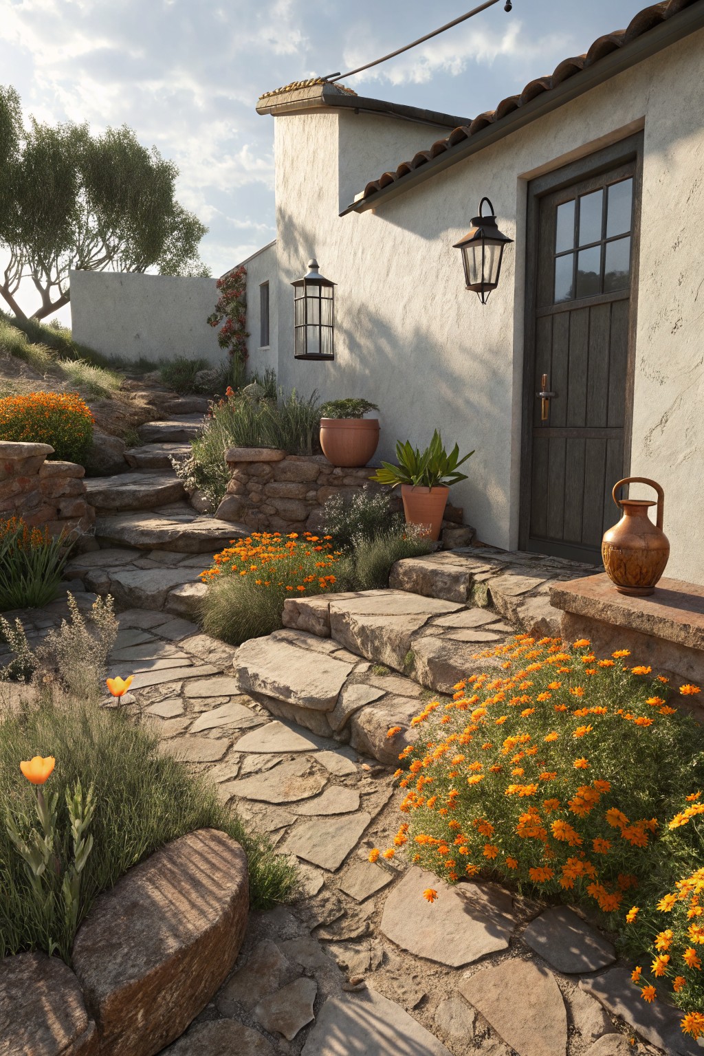 Stone Steps with Orange Flower Edges