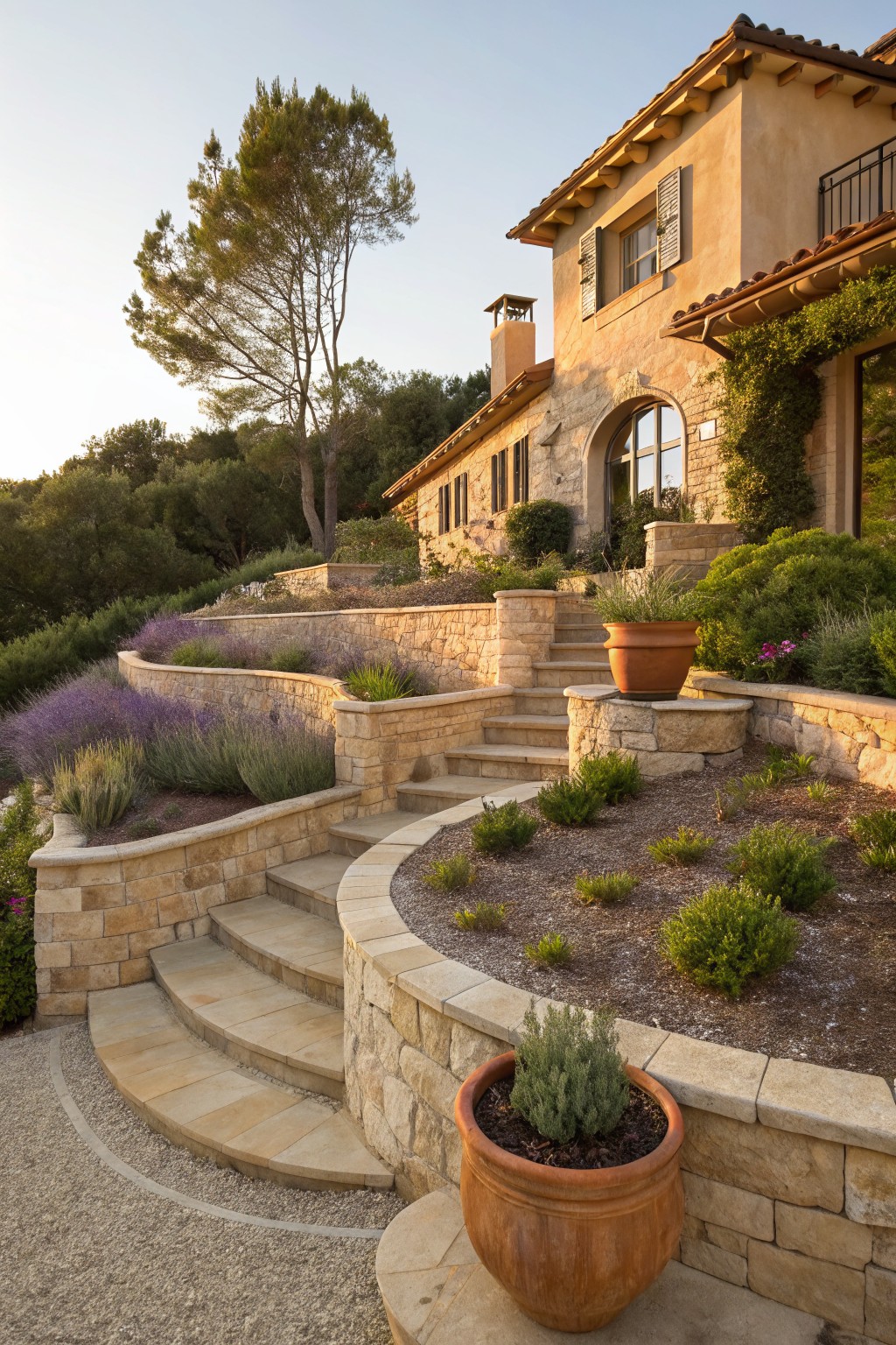 Hillside front yard with terraced beige stone retaining walls, curving stone steps, lavender plantings, shrubs, terracotta pots, and a stucco house with tile roof above.