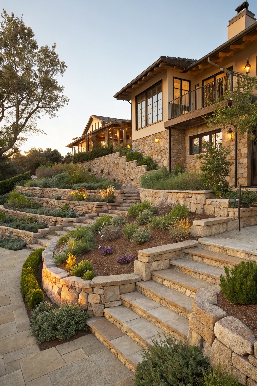 Hillside luxury home with multiple levels of dry-stacked stone retaining walls filled with low shrubs and grasses, connected by curving stone stairs leading to the entrance, surrounded by trees at dusk.
