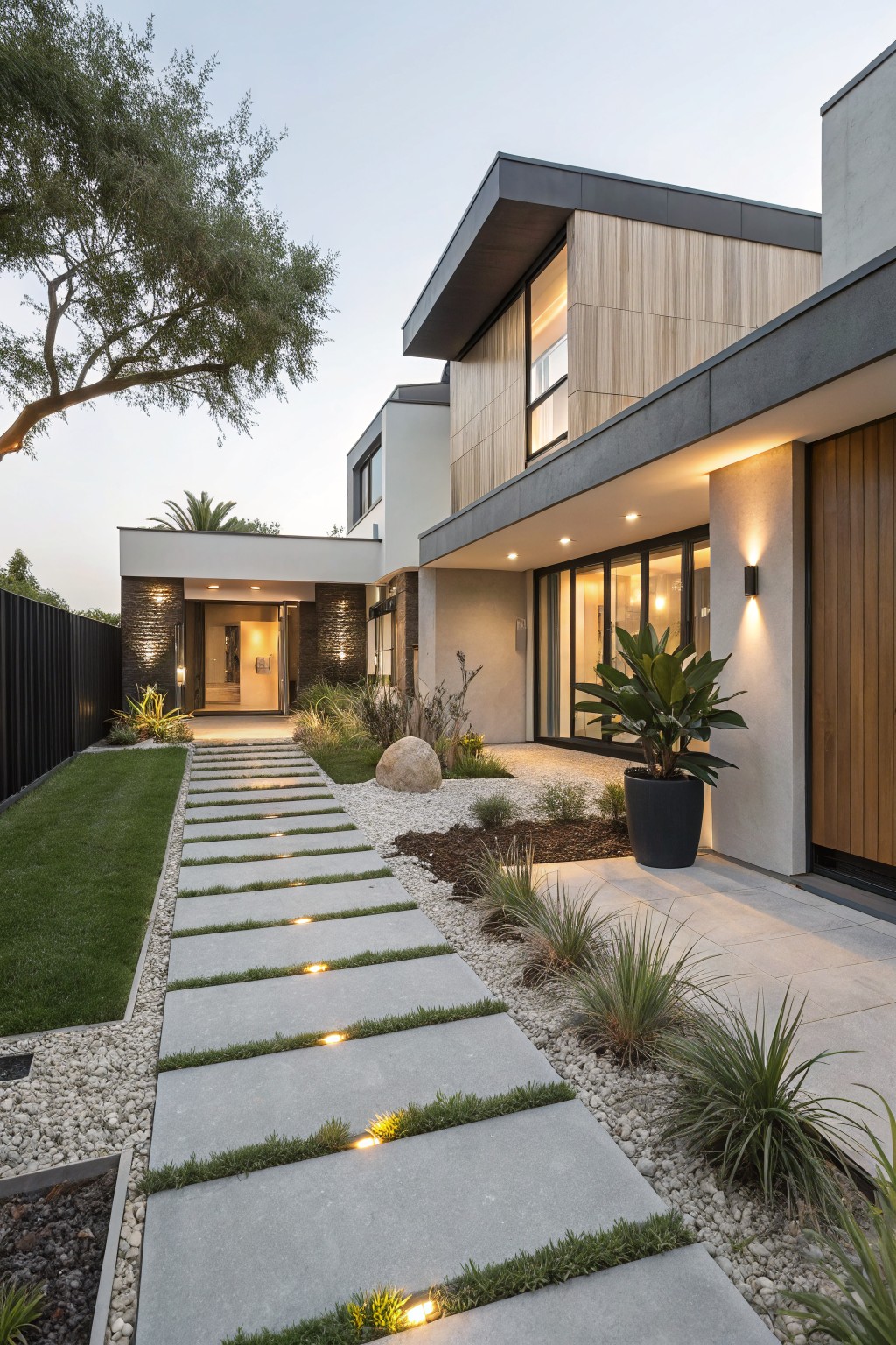 Modern house facade with a straight pathway of wide rectangular concrete pavers embedded with edge lighting, flanked by lawn, white pebbles, ornamental grasses, and large rocks leading to the entry at dusk.