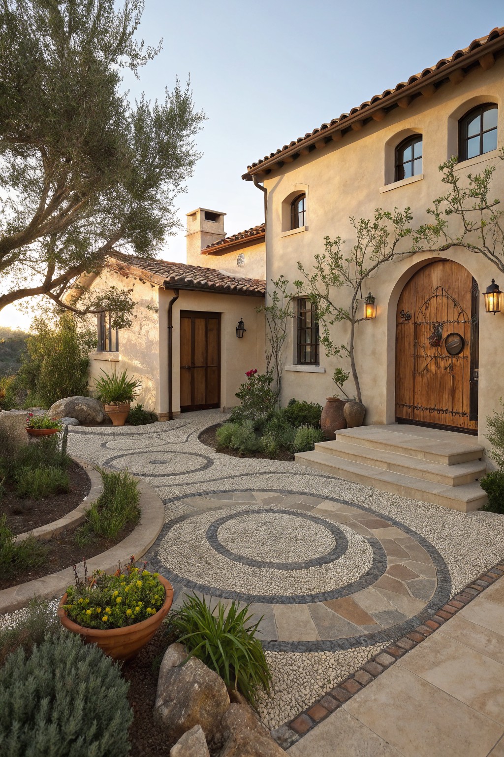 Beige stucco house exterior with red tile roof, large arched wooden front door with iron details, curved pebble walkway featuring concentric circle patterns, surrounded by gravel, rocks, low plants, and large terracotta pots.
