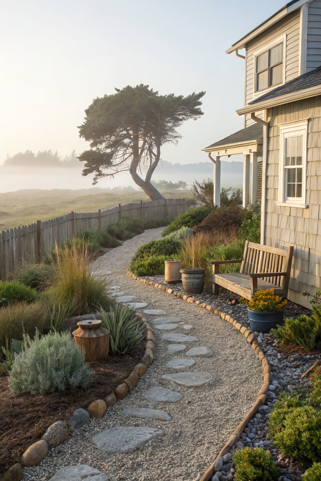 A curving gravel path with large flat stepping stones edged by rocks and plants leads past a wooden bench and potted flowers to a gray shingled house, with a twisted cypress tree and foggy dunes beyond a wooden fence.