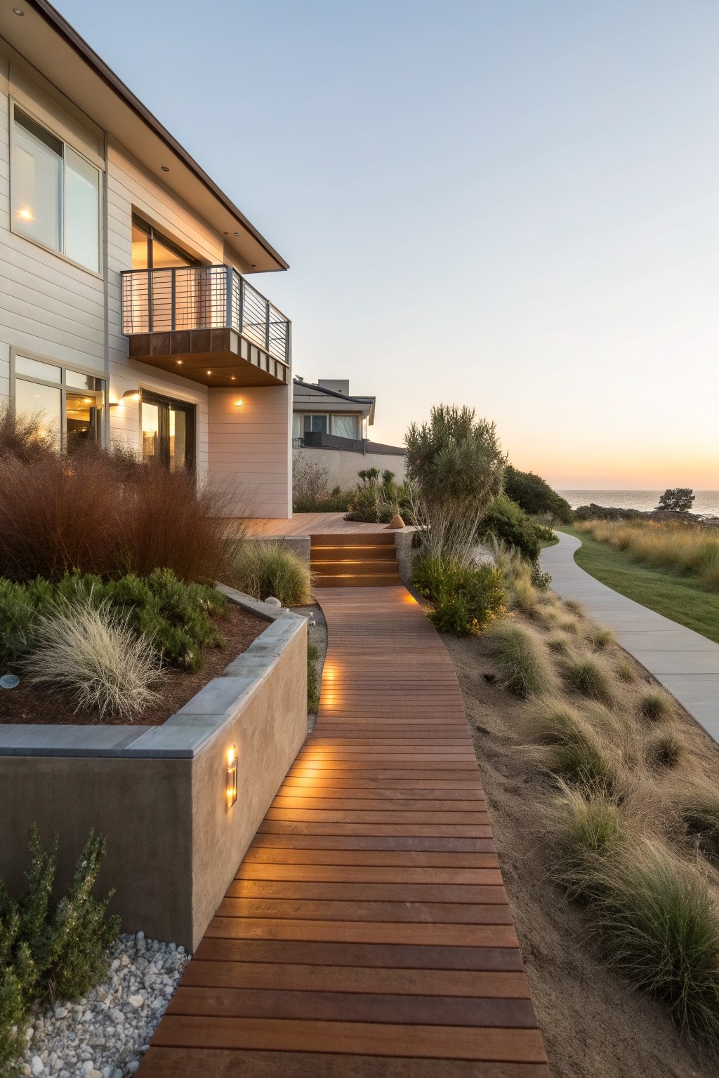 Side view of a modern coastal home with a lit wooden boardwalk path winding through native grasses, shrubs, and sand toward the ocean at dusk.