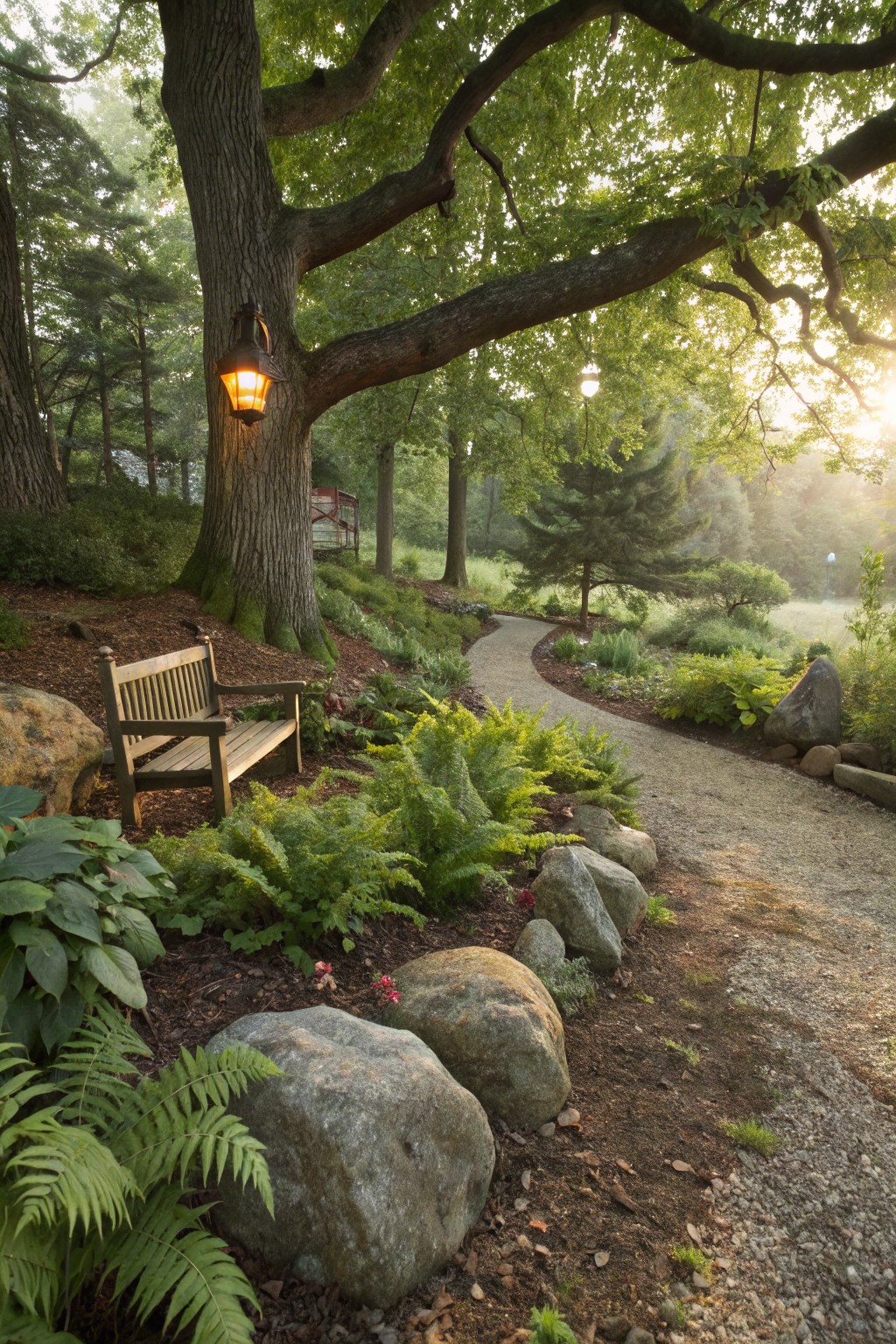 A wooden bench positioned beside a large oak tree with a hanging lantern, next to a curving gravel path bordered by large boulders, ferns, and other green plants in a forested garden area.