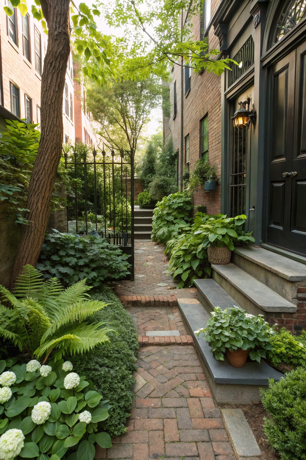 Narrow brick pathway bordered by ferns, hostas, and other lush green plants leading to stone steps and a black front door on brick buildings, with a wrought iron gate ahead.
