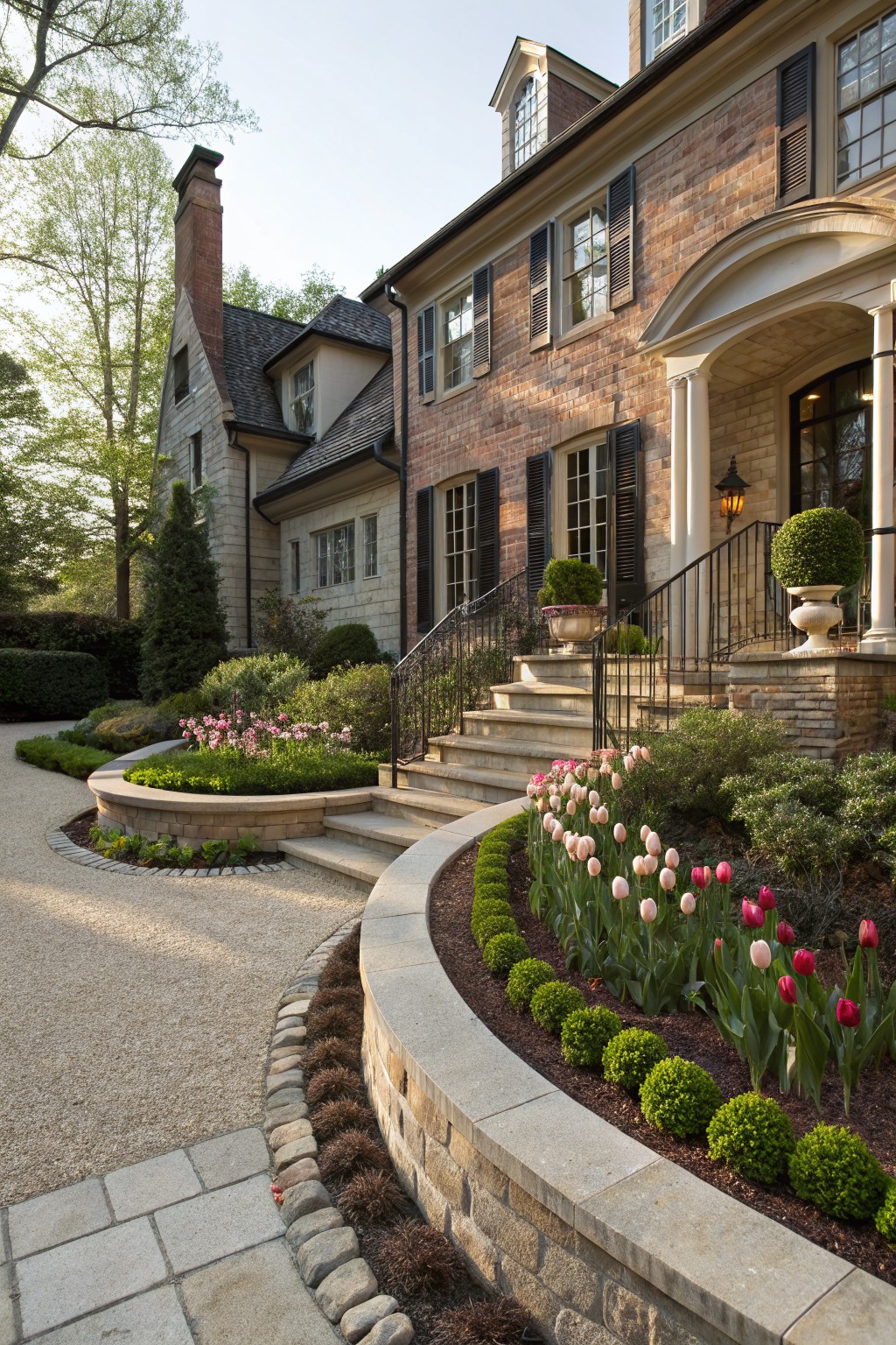 Brick house front yard with curved beige stone retaining walls bordering flower beds of pink and white tulips and round boxwood shrubs, alongside a gravel driveway leading to stone steps and a columned porch entry.