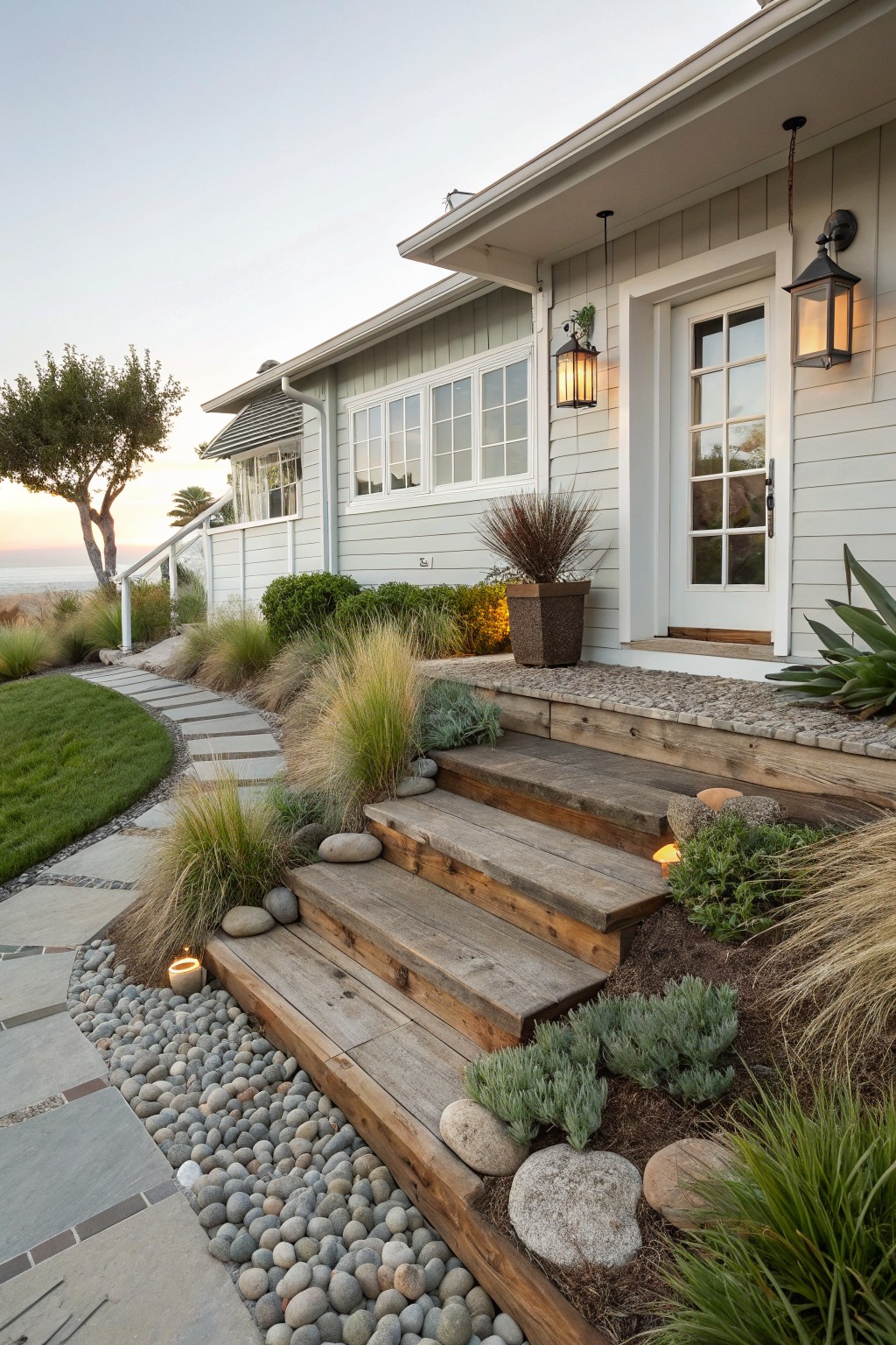 Front yard with curved gray stone paver path bordered by round pebbles and gravel, leading to wooden steps at a sage green house entrance surrounded by grasses, succulents, and rocks.