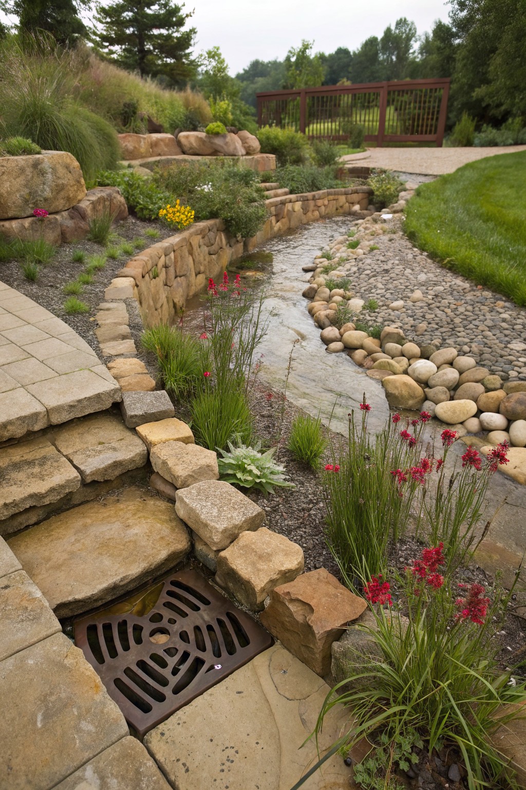 Landscaped yard with a winding dry creek bed of gravel and river rocks bordered by low stacked natural stone walls, surrounded by grasses, red flowers, and stone steps near a metal drain grate.