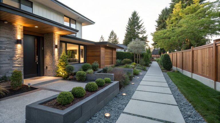 Front yard pathway of large rectangular concrete pavers spaced apart in gravel, bordered by a raised concrete planter bed with shrubs and gravel mulch, leading to a modern house entrance with wood door, glass panels, and wood siding fence.