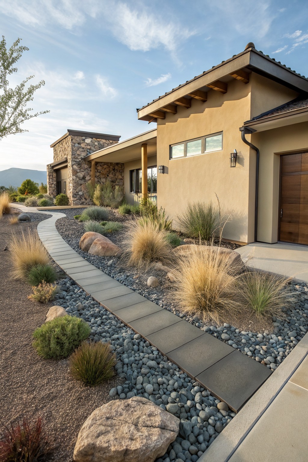 Beige stucco house exterior with attached stone garage, curved gray paver pathway bordered by dark gravel, river rocks, boulders, and drought-tolerant grasses in the front yard under a partly cloudy sky.