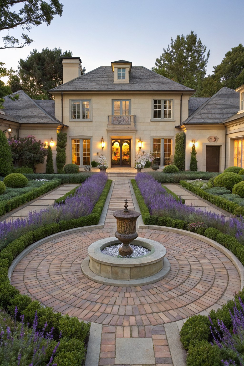 Light beige house with slate roof and balcony, fronted by symmetrical stone pathways lined with lavender plants and boxwood hedges leading to a central circular brick fountain surrounded by more shrubs and flowers.