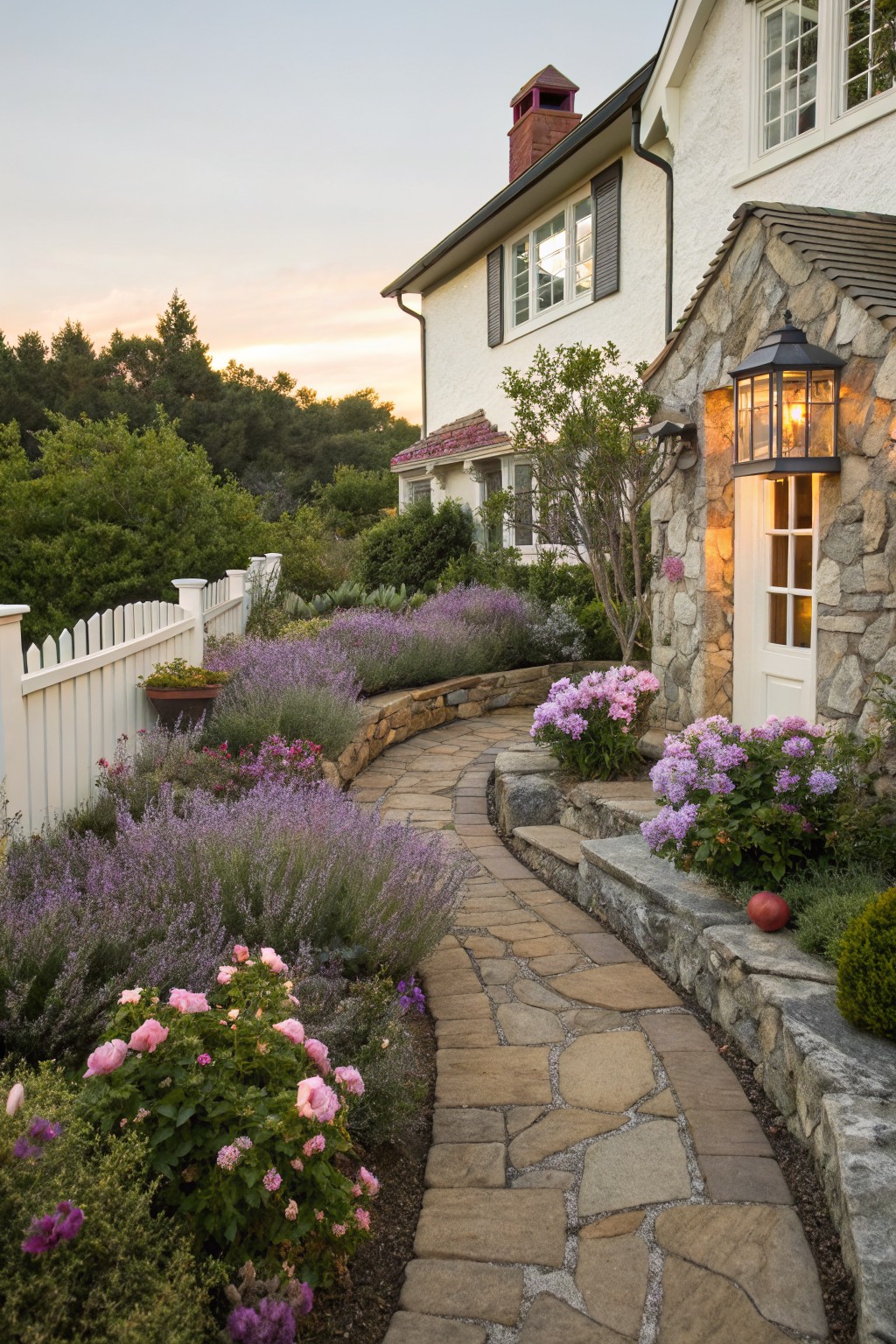 Curved flagstone path bordered by lavender plants and stone walls winds through a front yard garden toward a stone-and-stucco house entry with a lantern light, surrounded by shrubs and a white picket fence at dusk.