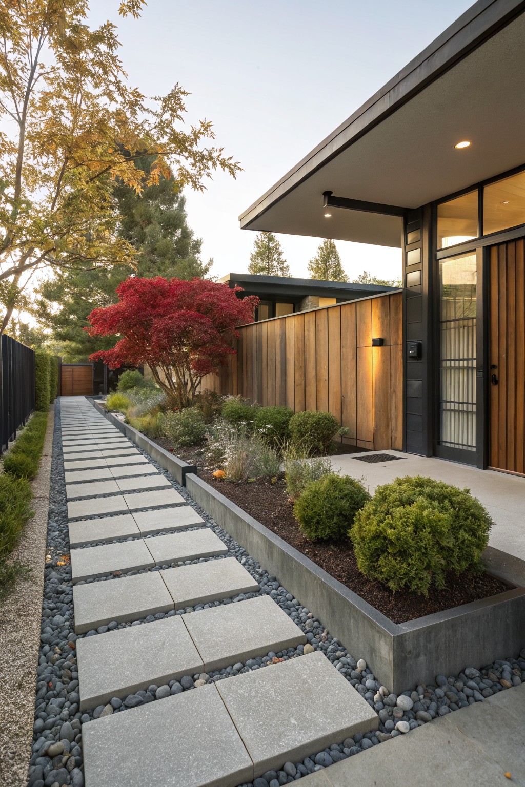 Front yard pathway of large rectangular concrete pavers spaced apart in gravel, bordered by a raised concrete planter bed with shrubs and gravel mulch, leading to a modern house entrance with wood door, glass panels, and wood siding fence.