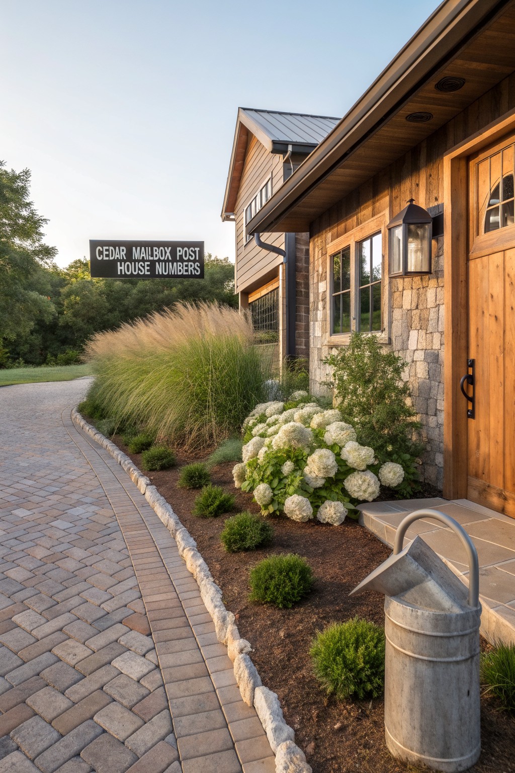 Brick paver path edged with irregular natural stones along planting beds filled with ornamental grasses, hydrangeas, shrubs, and mulch, next to a wooden garage door and stone house wall with a cedar mailbox post sign.