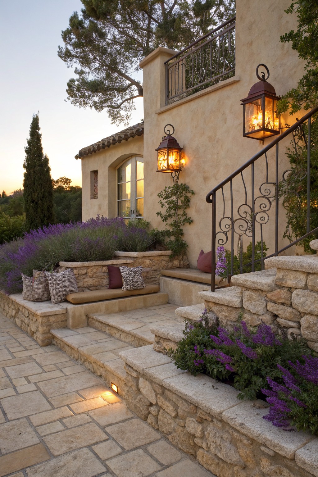 Stone entry stairs bordered by raised stone planters filled with purple lavender, leading to a stucco house wall with arched window, balcony railing, and wall lanterns at dusk.