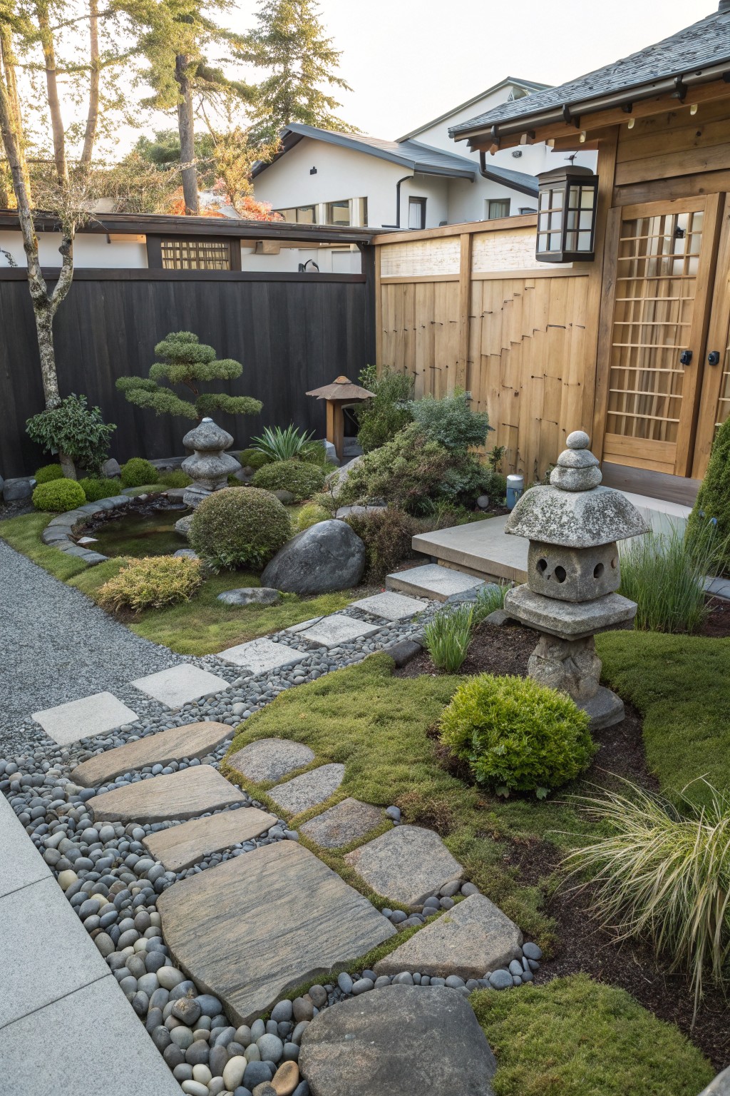 Japanese garden with irregular flat stepping stones set in a gravel path bordered by moss and low plants, stone lanterns, bonsai trees, a small pond, and wooden fences leading to a house entry.