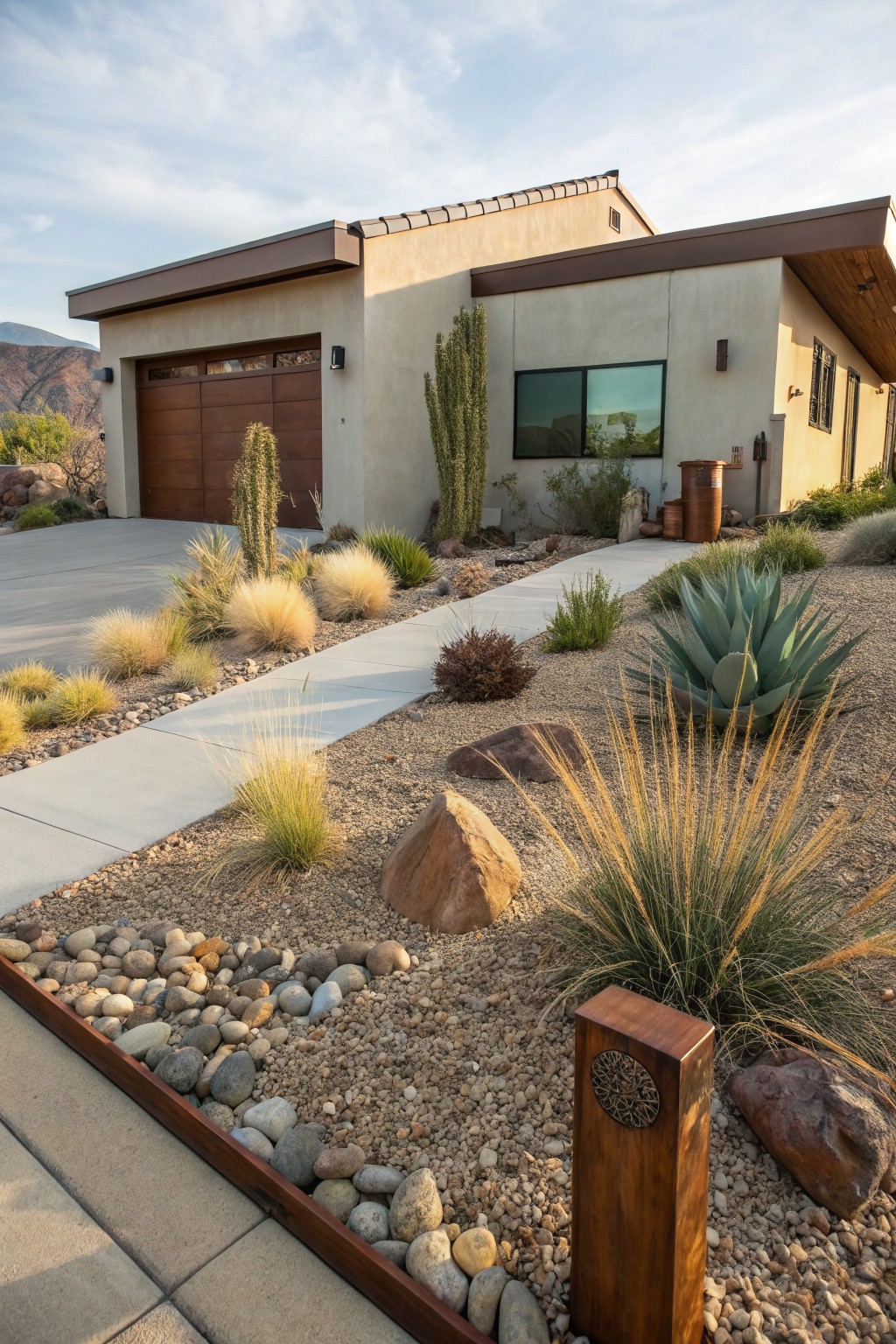 Front yard of a modern beige stucco house with wooden garage door, featuring xeriscape landscaping of cacti, agave, grasses, gravel beds edged with pebbles and rocks, a concrete walkway, and boulders near mountains.