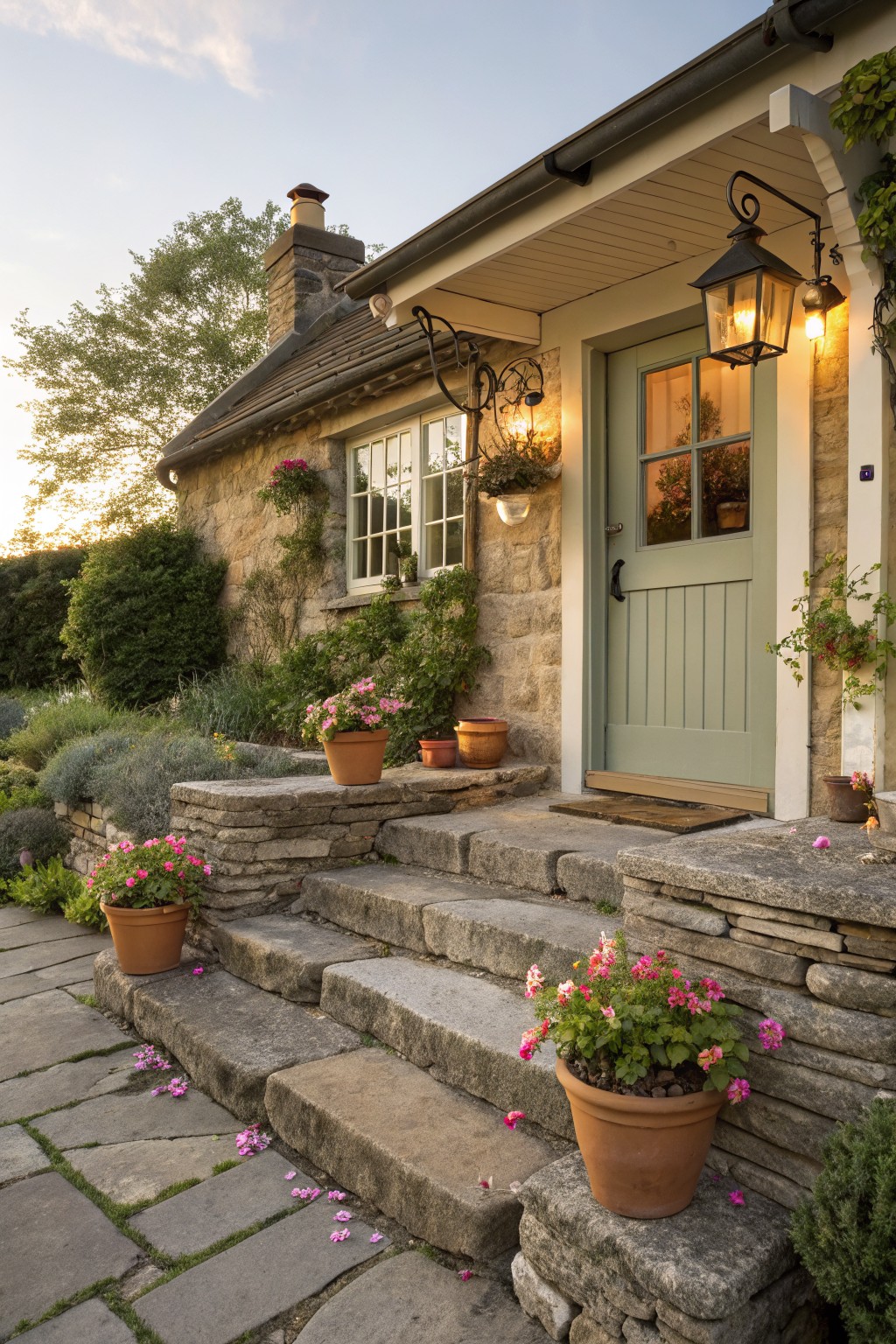Stone cottage exterior with light green paneled front door, stone steps leading up to entrance flanked by terracotta pots with pink flowers, bordered by planting beds and dry-stacked stone walls, evening lanterns lit beside the door.