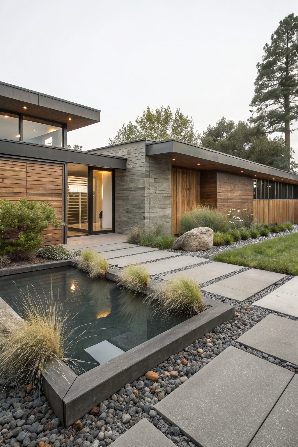 Modern house with concrete and wood exterior and large windows, front yard featuring a pathway of large gray square pavers separated by gravel, bordered by ornamental grasses and a rectangular black-edged reflecting pool with rocks and plants.