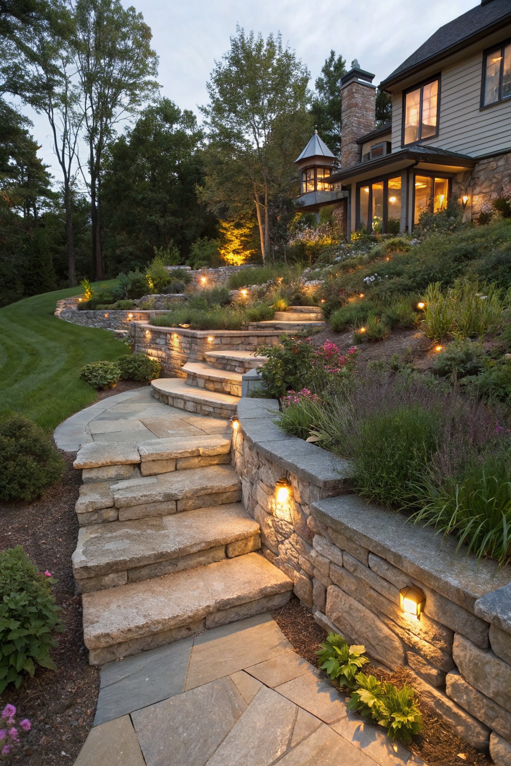 Sloped front yard featuring natural stone retaining walls, curved terraced steps with integrated low-voltage lighting, planted gardens, and a house visible at the top during twilight.