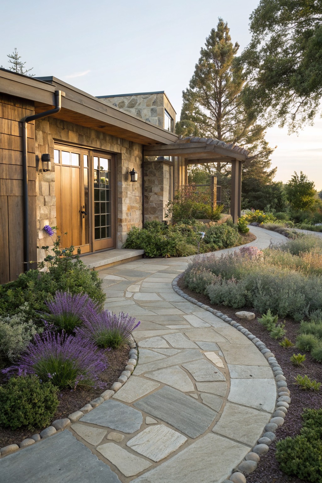 Curved gray flagstone pathway with pebble borders and lavender plants leading to a wooden front door on a stone and shingle house exterior surrounded by trees and shrubs.