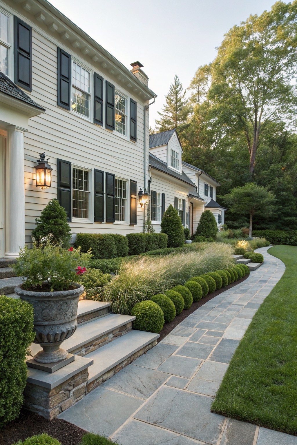 Curved bluestone pathway bordered by clipped boxwood shrubs and ornamental grasses leading to stone steps at the entrance of a white shingled colonial house surrounded by trees.