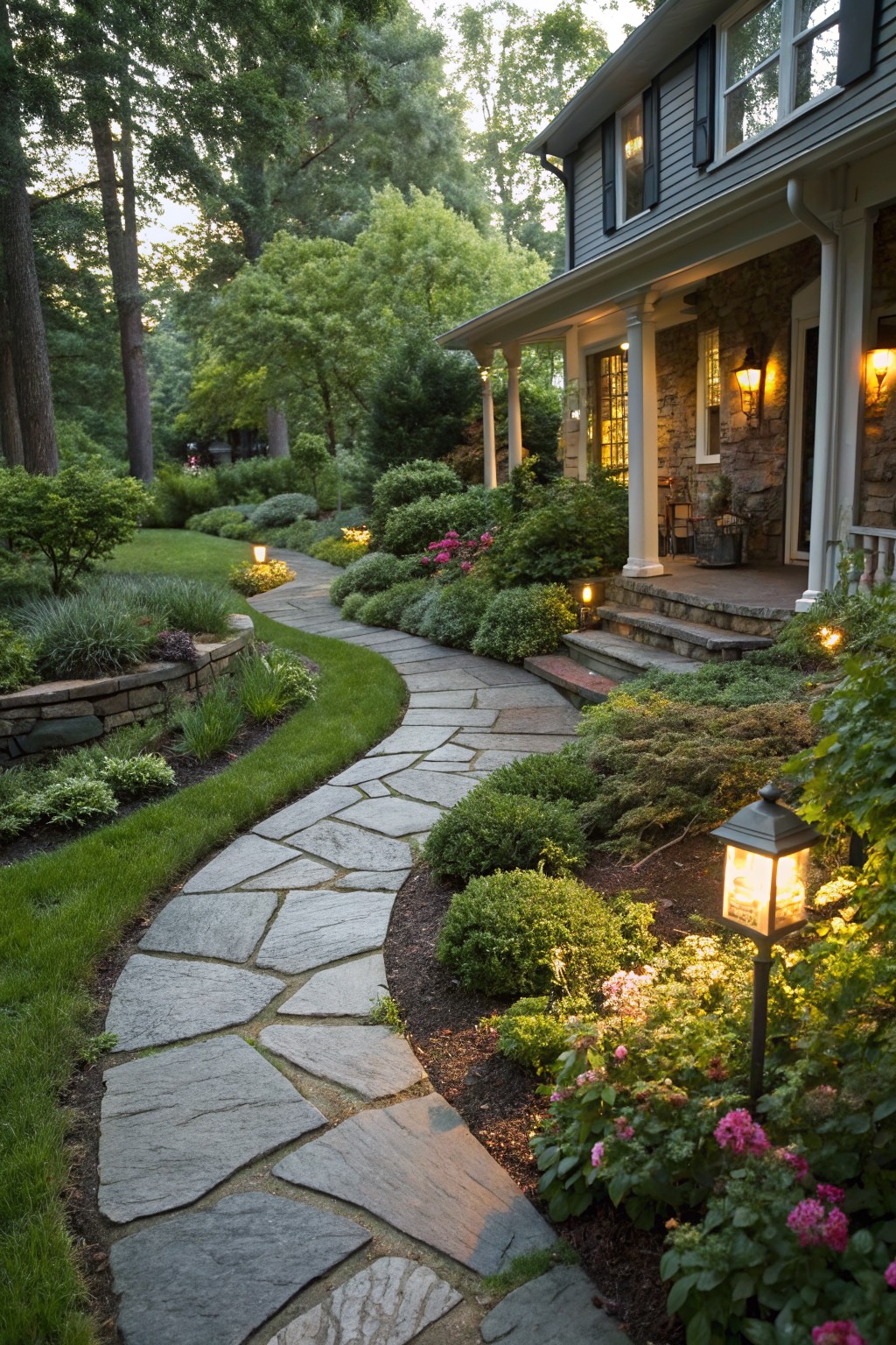 A winding flagstone path edged by a low stone wall and lush shrubs and flowers leads through a front yard to the steps of a shingled house with a porch at dusk.