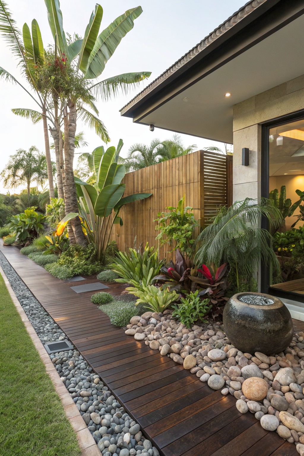 Wooden walkway edged with pebbles and gravel runs alongside tropical plants including palms and banana trees toward a modern house with stone walls and glass doors.