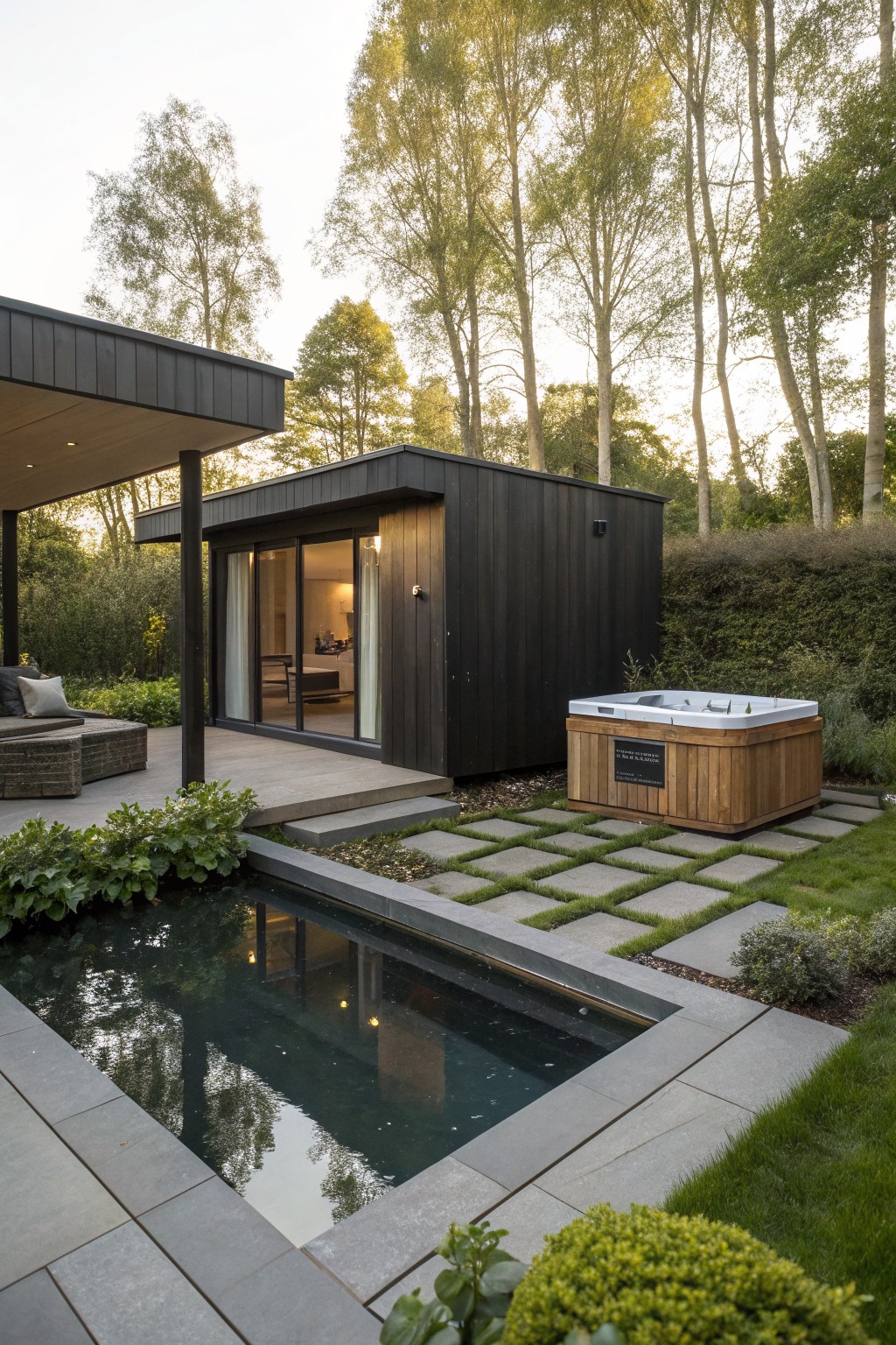 Black wooden rectangular cabin with large glass doors and lighting in a backyard, adjacent to a wooden hot tub, reflecting pool, gravel paths, hedges, and trees.