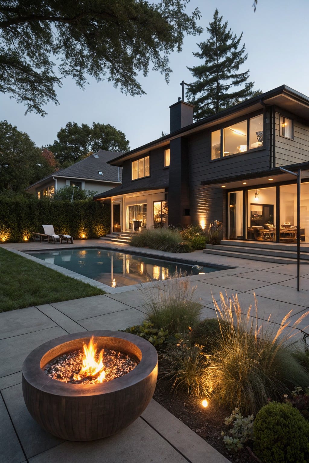 Modern backyard at dusk with a rectangular pool, lounge chairs, circular gas fire pit on paver patio surrounded by tall grasses, pathway lights, hedges, and a dark contemporary house behind.