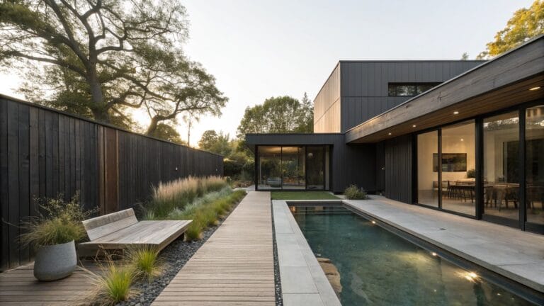 22 Gorgeous Modern Backyard Landscaping Designs That Feel Like A Private Retreat Modern house with dark gray siding and large glass doors overlooking a long narrow rectangular swimming pool with gray stone coping, wooden deck alongside, tall ornamental grasses, wooden lounge chair, and wooden fence in backyard at sunset.