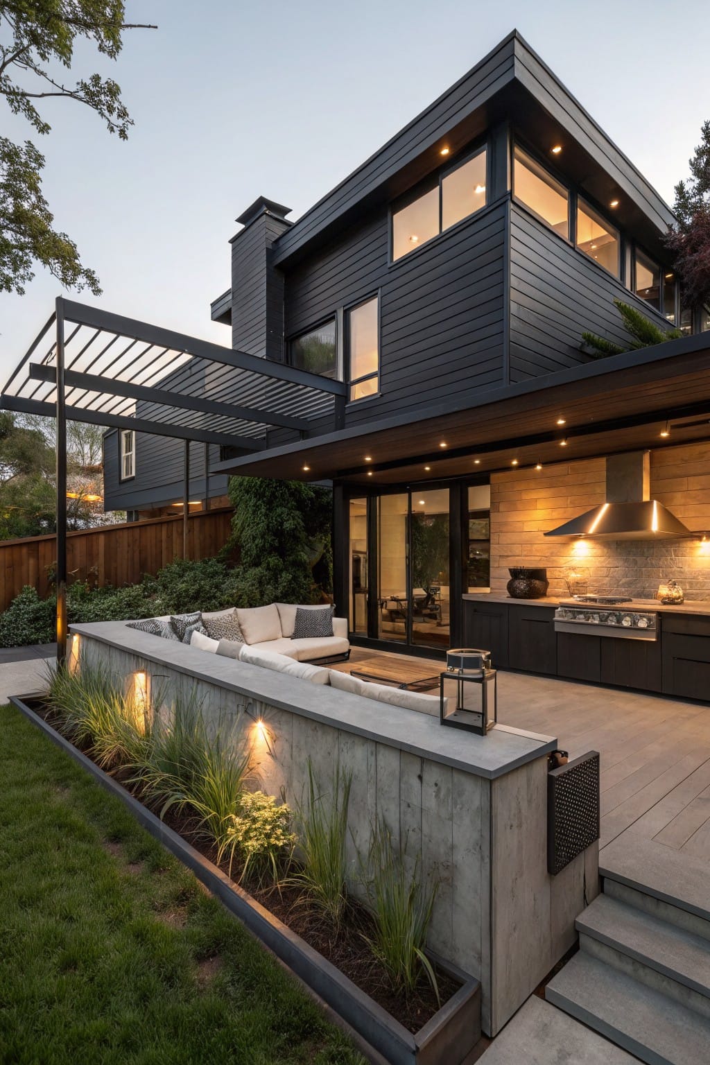 Modern black house corner with large glass doors opening to wooden deck patio, dark outdoor kitchen, white L-shaped sofa, low concrete wall topped with plants and uplights bordering the lawn, metal pergola overhead, and garden beds.