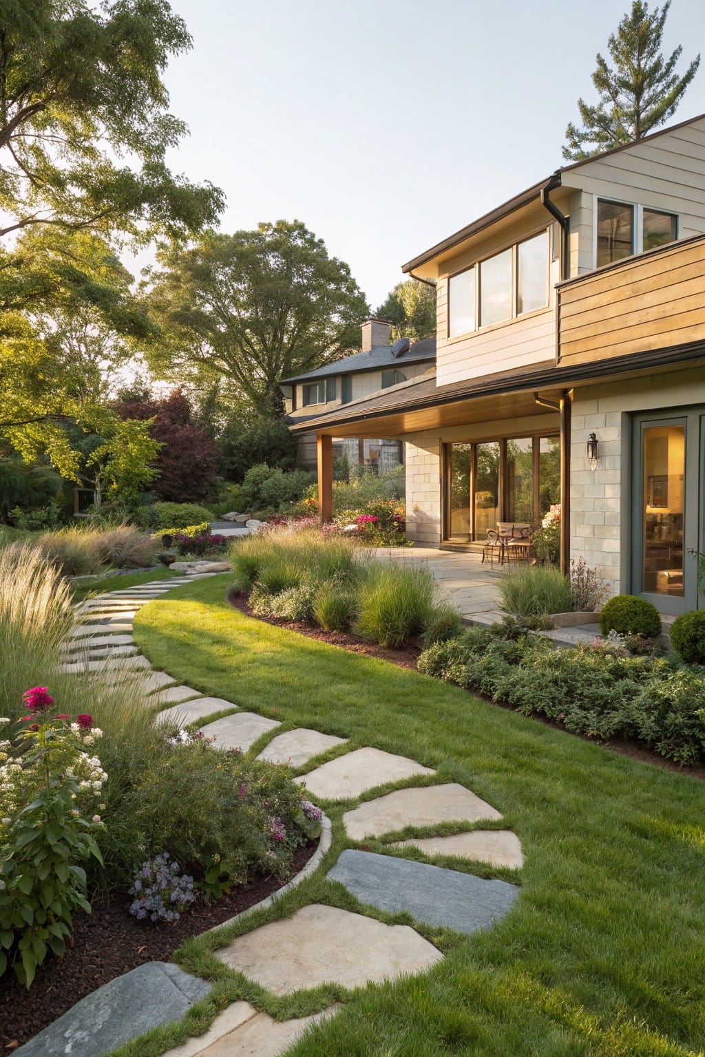 Backyard of a shingle-style house with wood accents and large windows, featuring a covered porch area and a winding flagstone path through ornamental grasses, shrubs, perennials, and lawn edged by trees.
