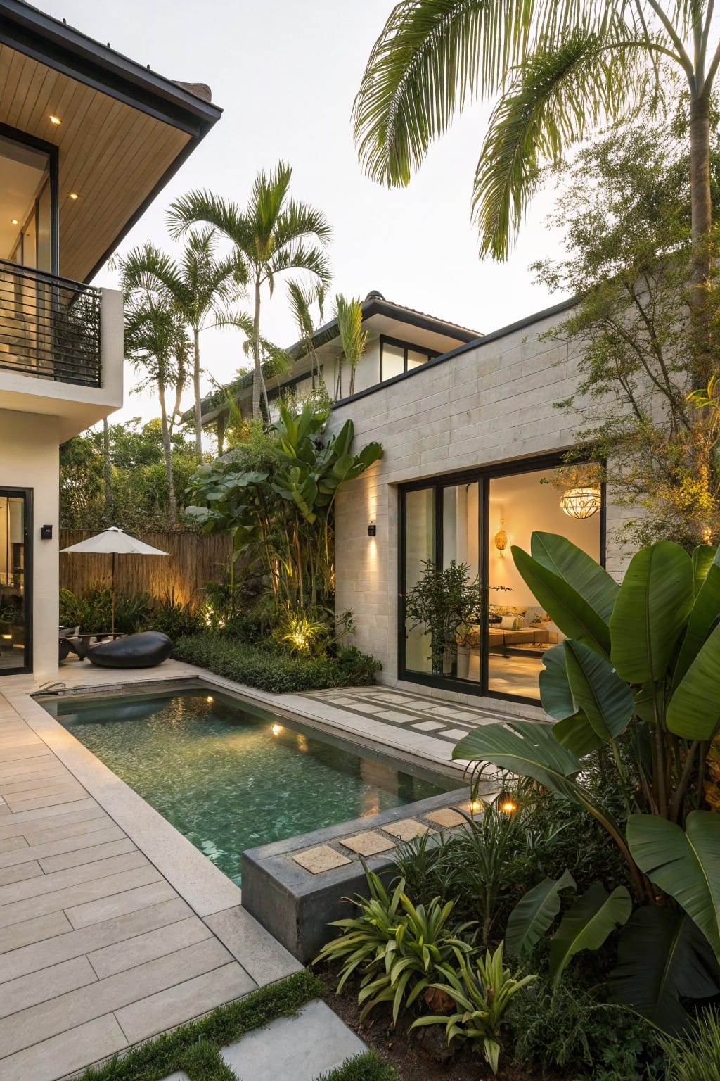 Narrow rectangular pool in a backyard courtyard next to a modern beige stone house with sliding glass doors, surrounded by palm trees, banana plants, and lush greenery, with an outdoor sofa and underwater lighting.
