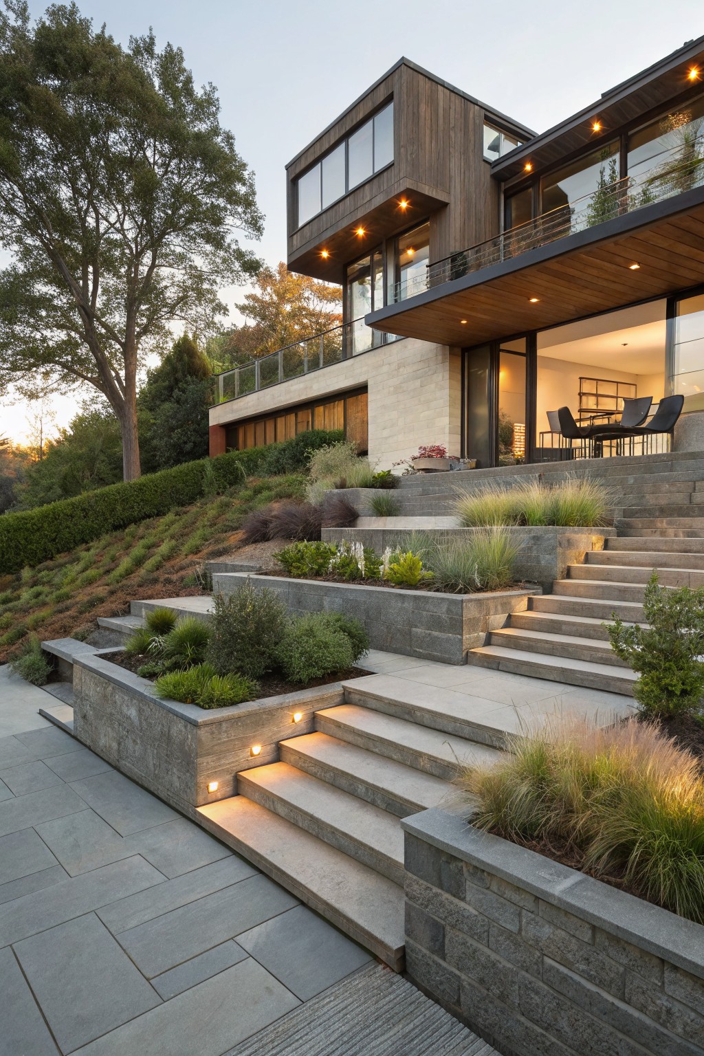 Modern house exterior on a terraced slope with stone retaining walls, planted beds of grasses and shrubs, wide concrete steps with integrated lighting, and a backdrop of trees at dusk.