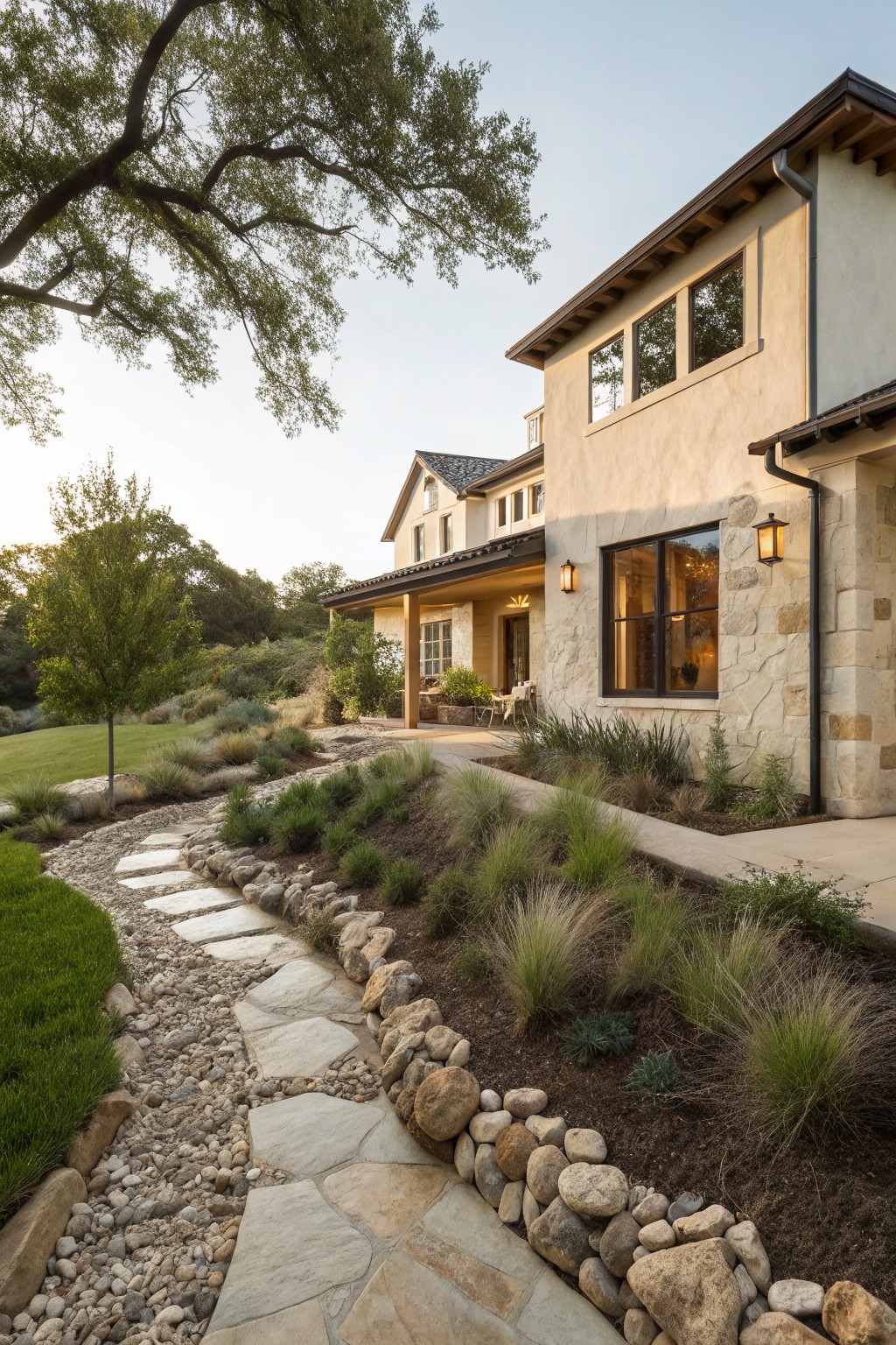 Modern beige stucco house with stone details and a curved flagstone pathway bordered by grasses and rocks winding through a backyard landscape toward a covered porch.
