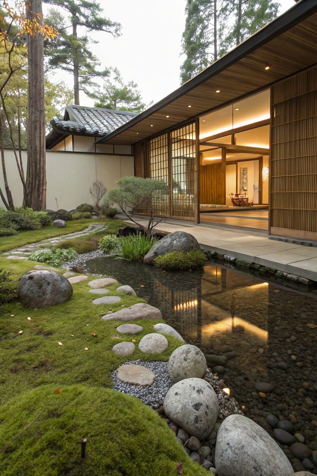 Japanese-style wooden house exterior with zen garden of mossy grass, large rounded boulders, flat stepping stones along a reflective stream, bonsai trees, and open screens.