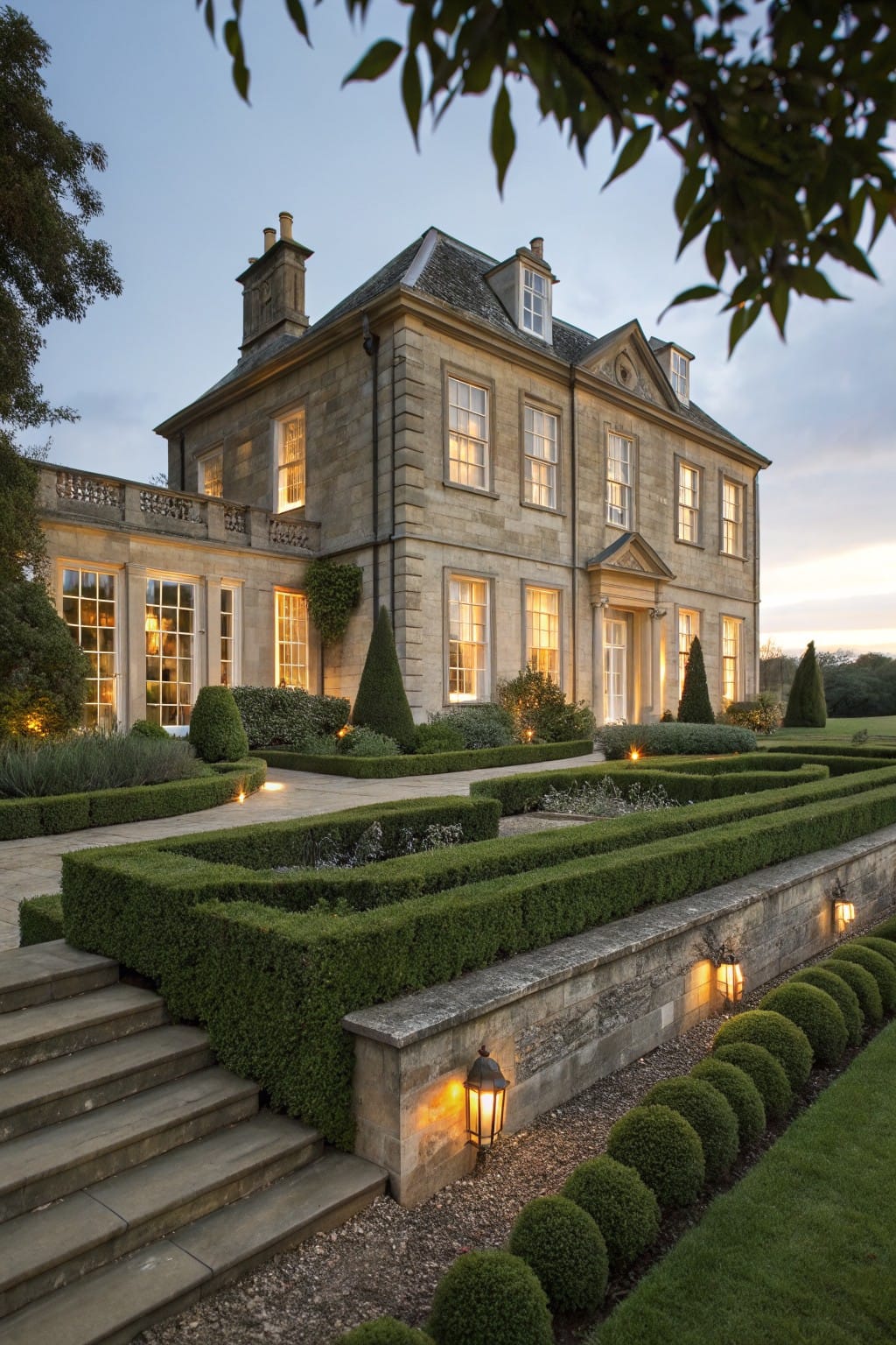 Stone Georgian house with formal parterre garden edged in clipped boxwood hedges, stone retaining wall with lanterns, and steps leading to the entrance at dusk.