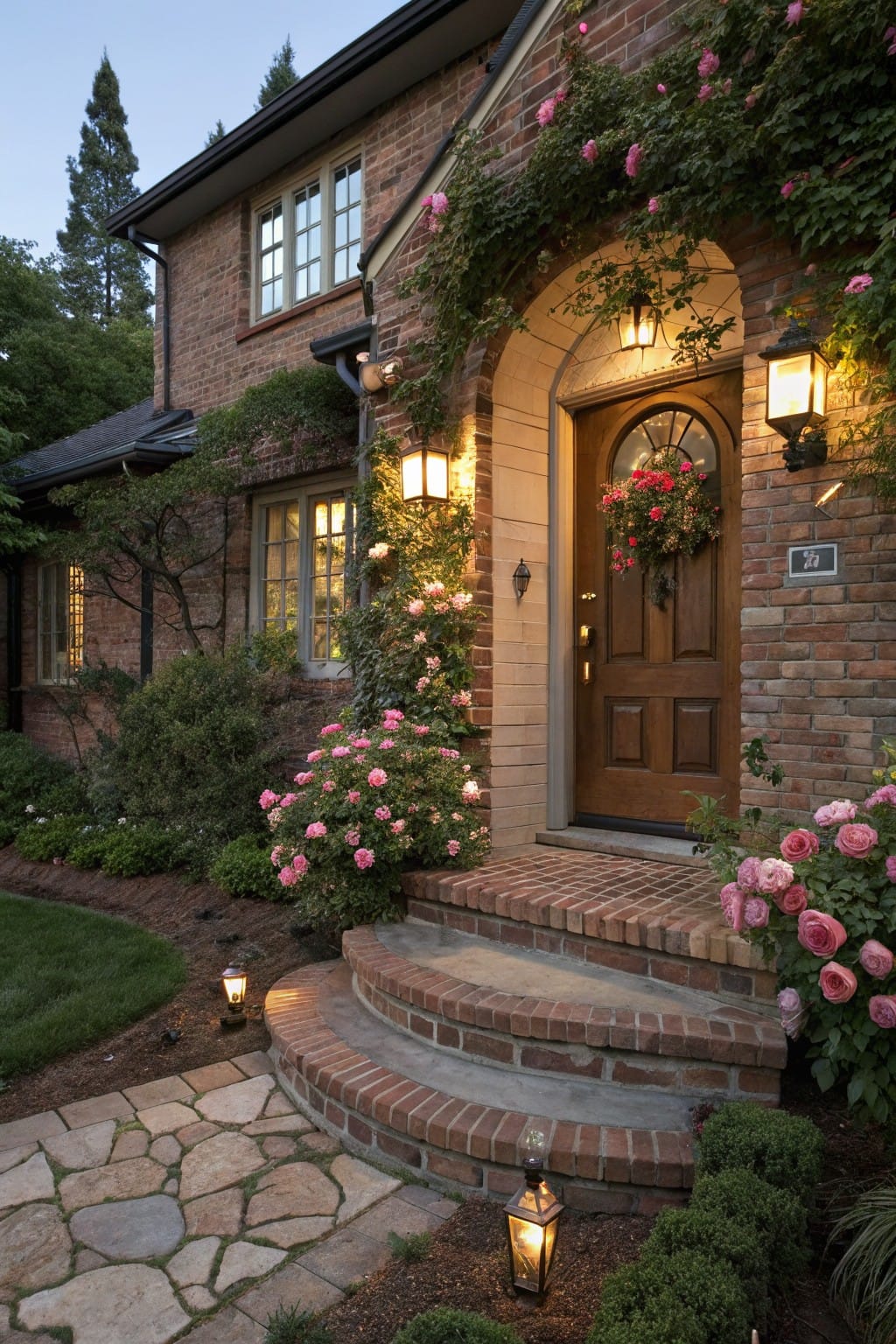 Brick house front entrance at dusk with arched wooden door, pink rose garden beds edged against brick steps and flagstone pathway, climbing vines, lanterns, and shrubs.